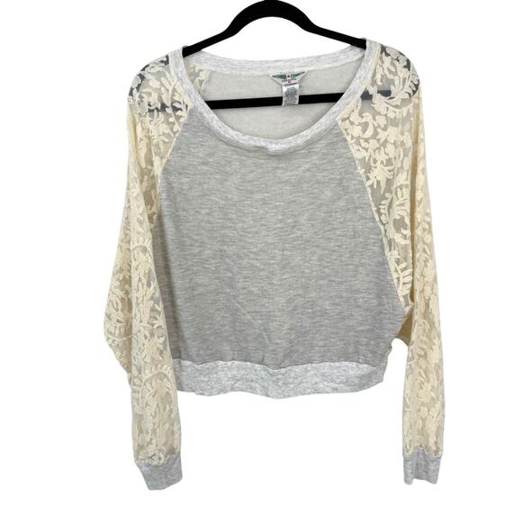 Hard Tail Forever Lace Dolman Sleeve Top Size Medium Gray Ivory Boxy Crop - Picture 10 of 10